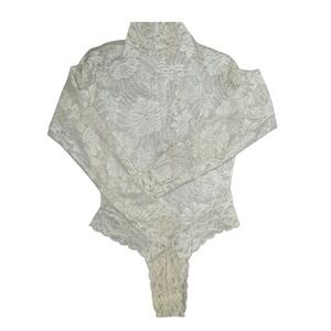 Fredericks of Hollywood Vintage Ivory Floral Lace Bodysuit Mock Neck Keyhole M